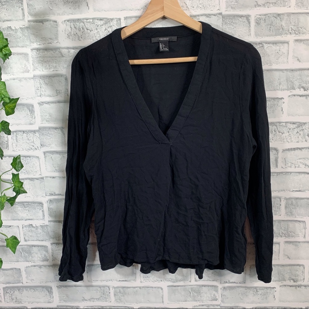 Forever 21 black long sleeve v neck dress shirt